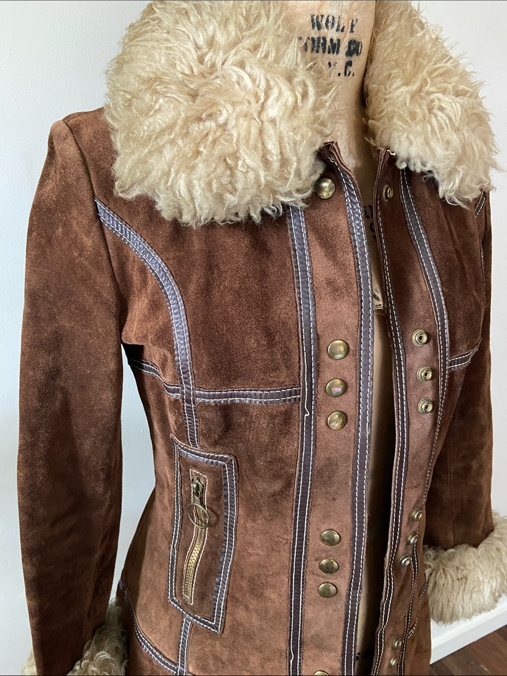 Yany Penny Lane 70s Brown Suede Coat with Cream Shearling Collar & Cuffs - Picture 2 of 7